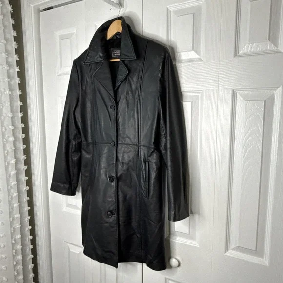 Genuine Leather Limited Women's Black Size Large, Long, Trenchcoat‎ Jacket EUC - Picture 2 of 12